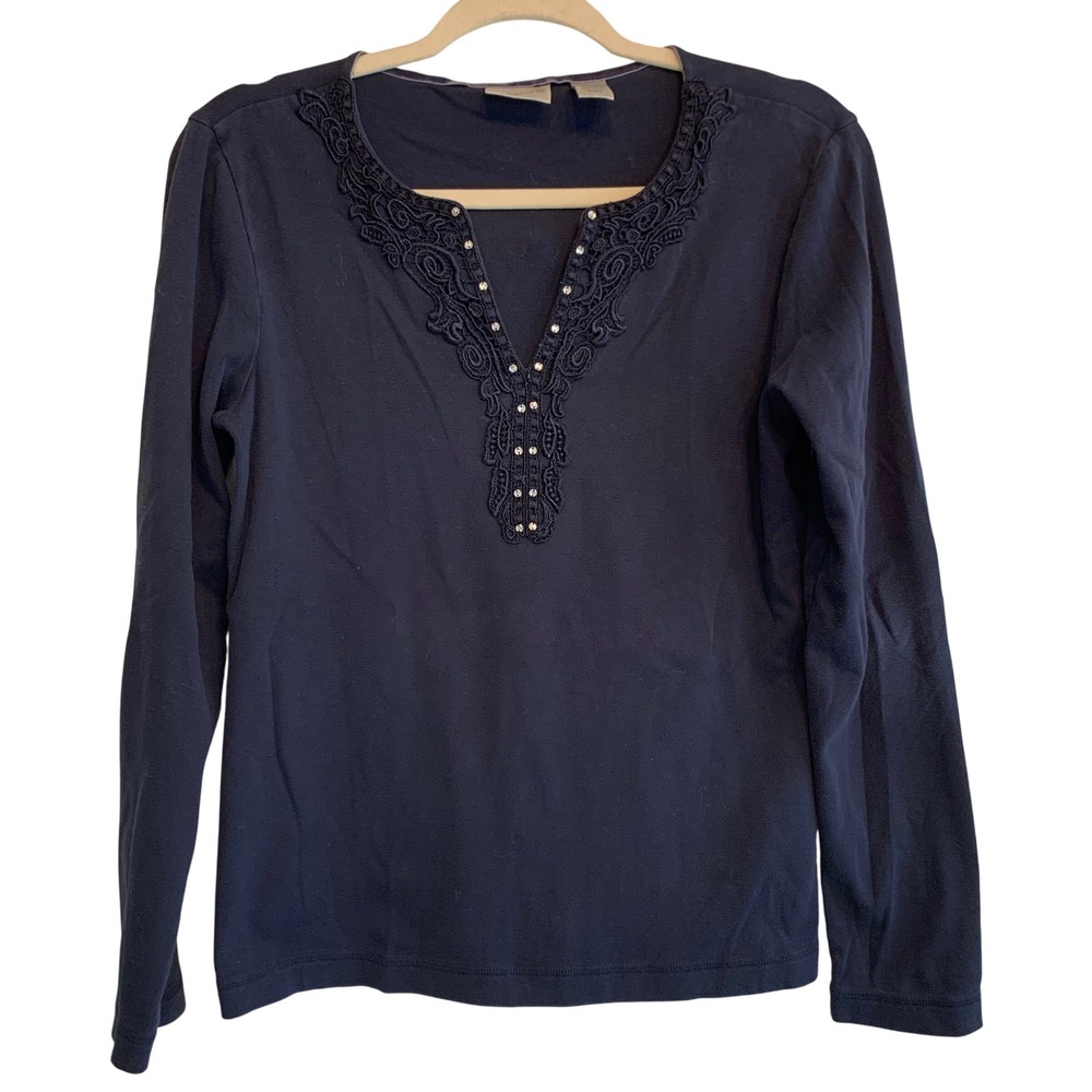 Chico's Navy Blue Crochet Lace Rhinestone V-Neck Long Sleeve Top Size 0 Small